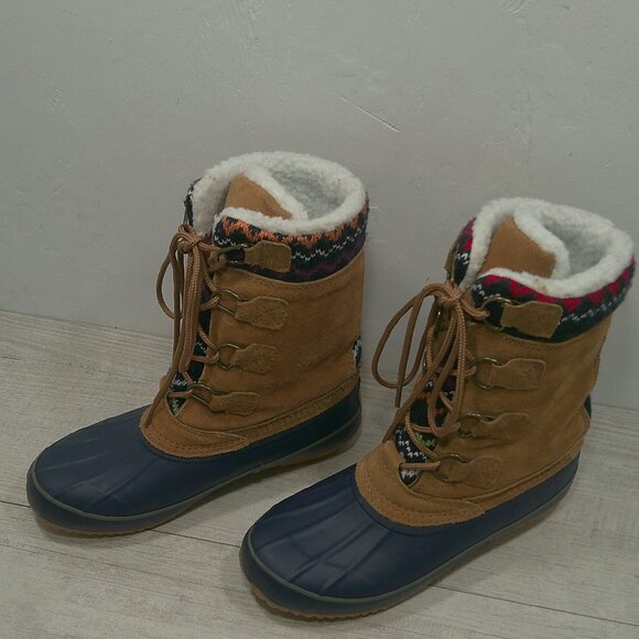 Khombu Duck Nordic Fair Isle Fleece Lined Waterproof Navy Winter Snow Boots SZ 7 - Picture 9 of 13